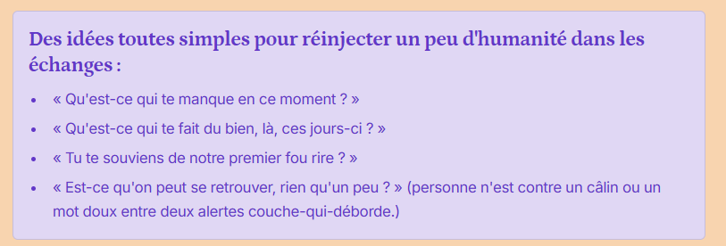 idées simples pour réinjecter un peu d'humanité dans les échanges du couple après bébé